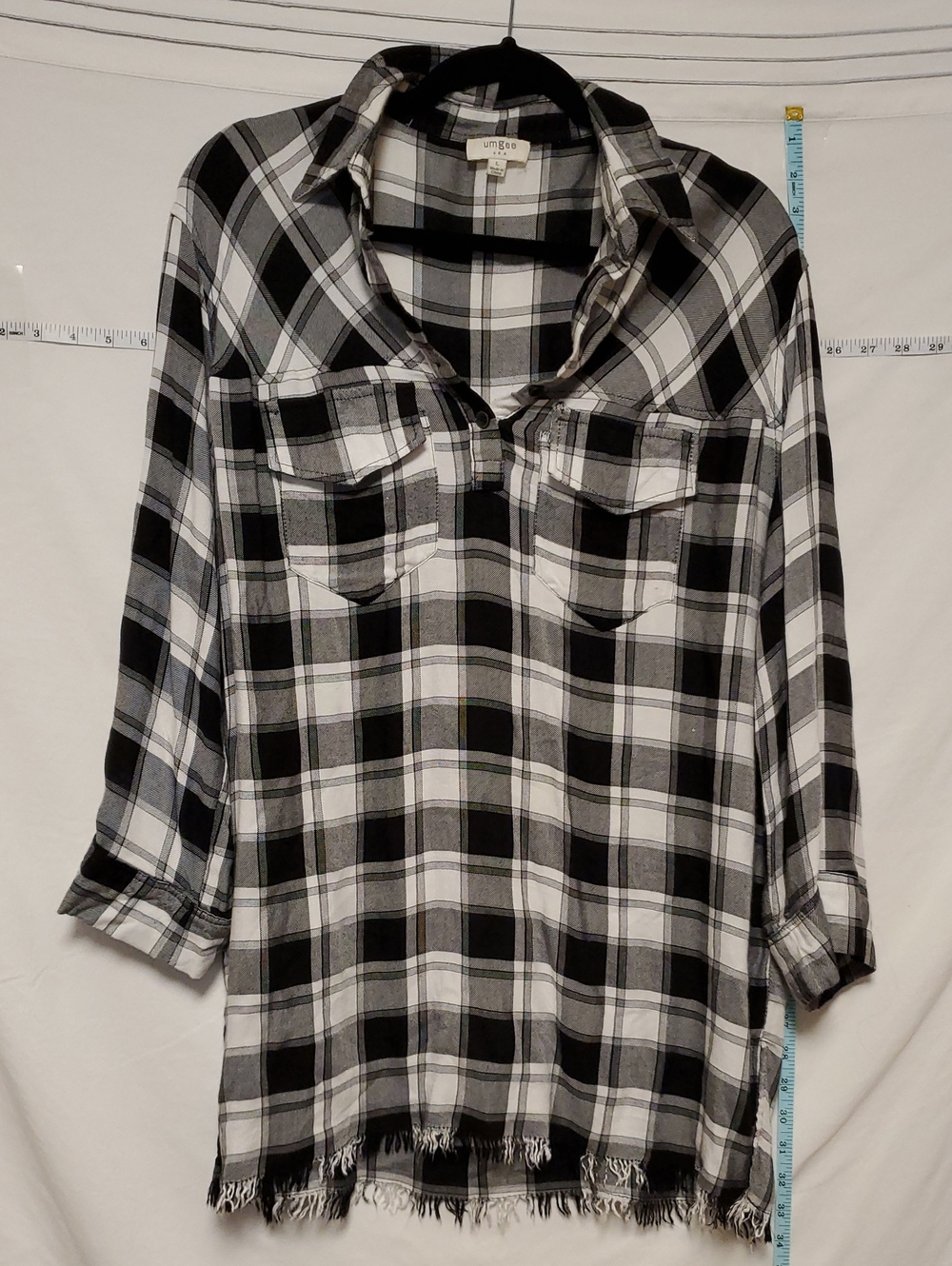 umgee Womens Black & White Cotton Plaid Tunic Raw Hem Lg